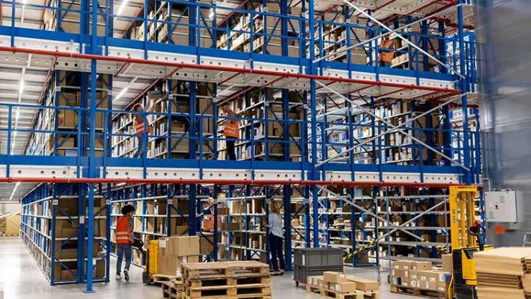 Large distribution warehouse with people working 