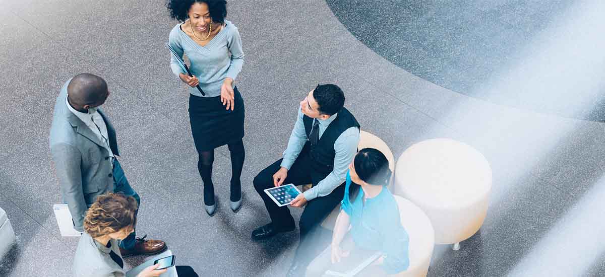 overhead view of business people in a meeting